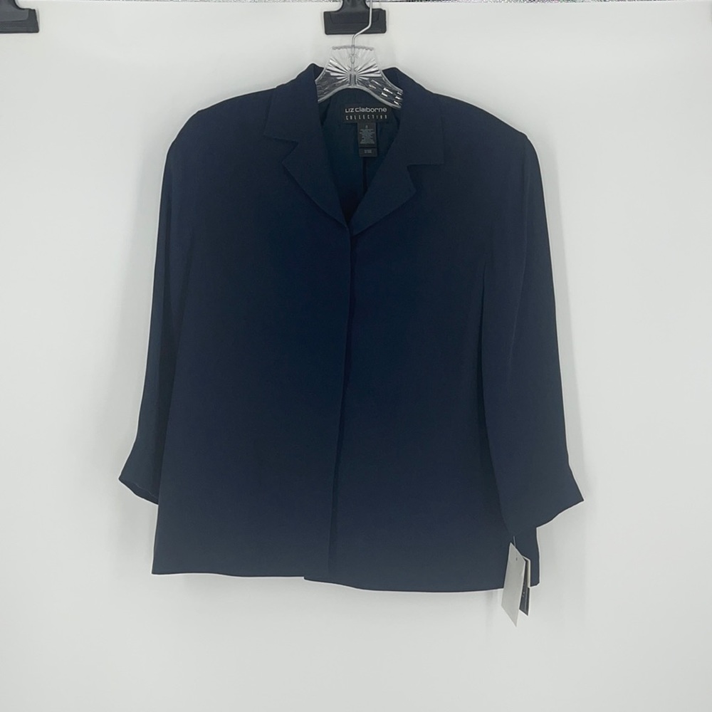 Liz Claiborne Collection women’s 8 Navy 100% Silk button up v-neck Jacket